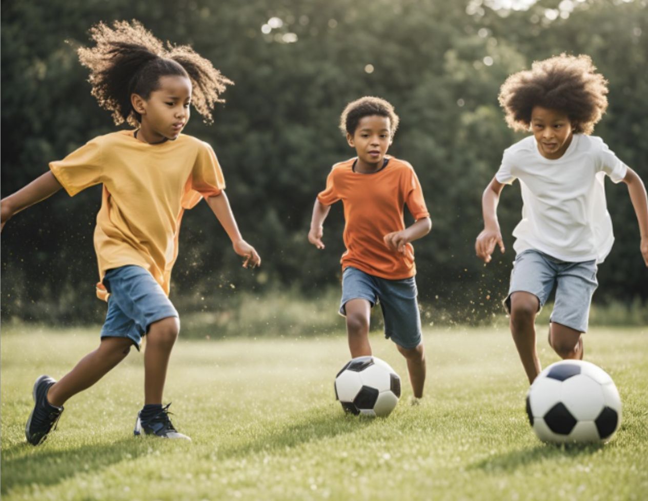 Kids playing soccer on natural grass