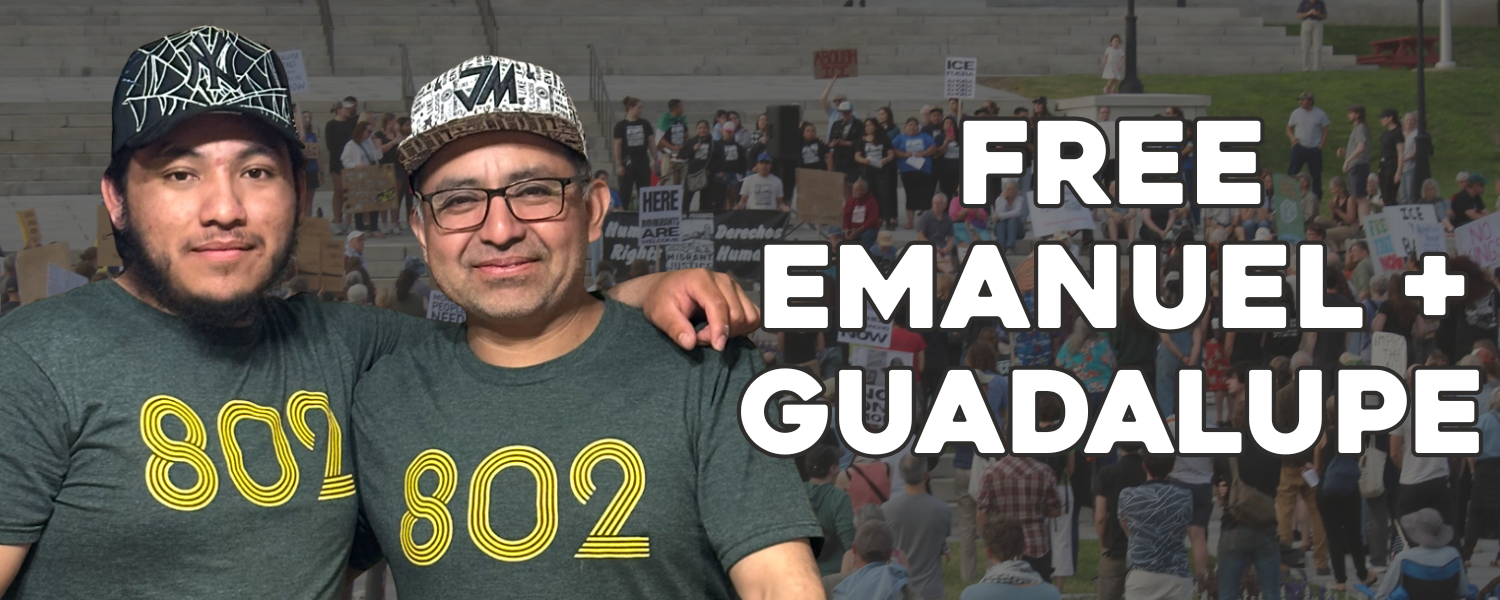 Photo of father and son arm in arm with a background of a Migrant Justice protest and text: Free Emanuel and Guadaulpe