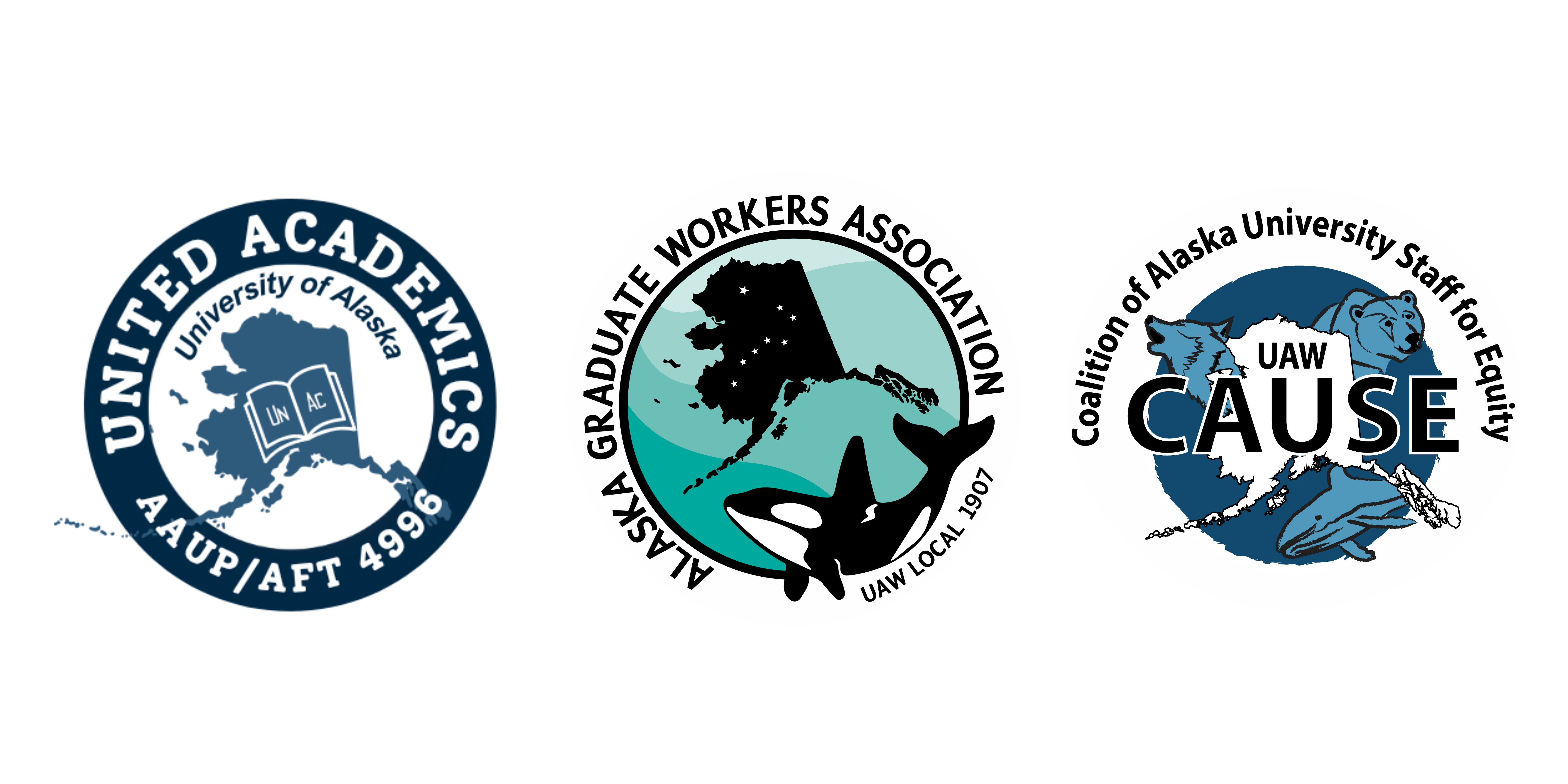 logos for United Academics aaup aft local 4996 Alaska Graduate Workers Association UAW local 1907 and Coalition of Alaska University Staff Employees UAW