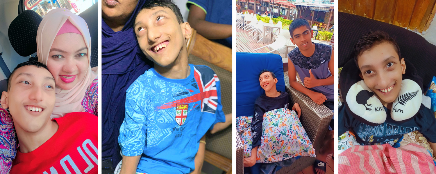 Four photos of Lyzal and Loriza, Lyzal is a young man with celebral palsy who has big smile. He is sitting deeply in a chair in every photos.