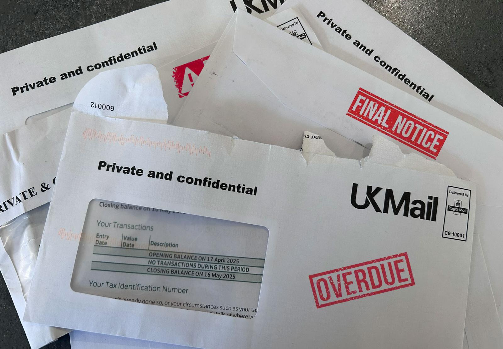 Photo of five white envelopes, four with the words "private and confidential", three with windows visible. One has "Overdue" printed in red on the envelope, a second "Final notice" and a third has a red exclamation mark and obscured other parts in red. 