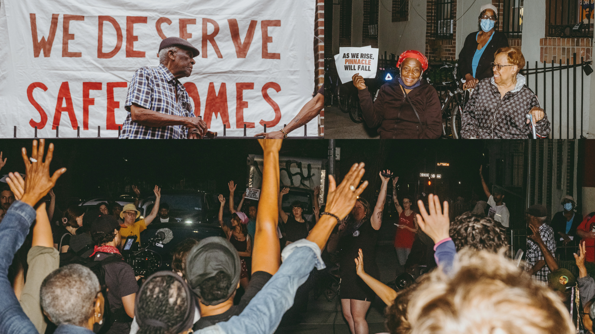 Pinnacle tenants hold up sign that reads "As we rise Pinnacle will fall"