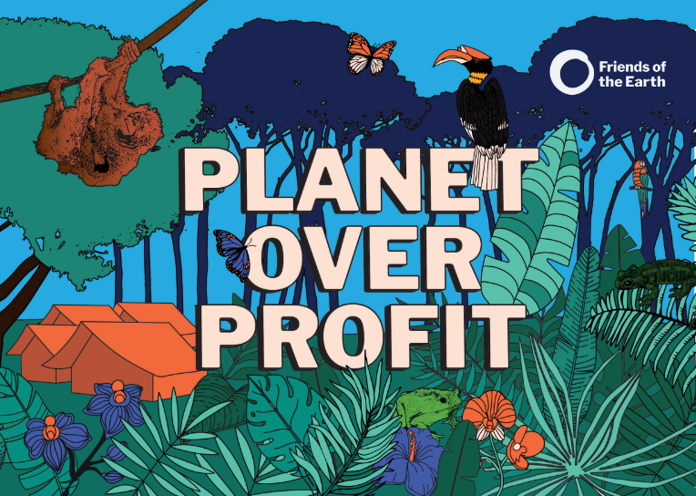 An image of a rainforest with the words PLANET OVER PROFIT superimposed over it.
