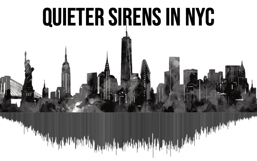 Image of NYC skyline with a waveform extending below, like the city's NYC Noise surveillance app. All-caps text reads, "quieter sirens in NYC."