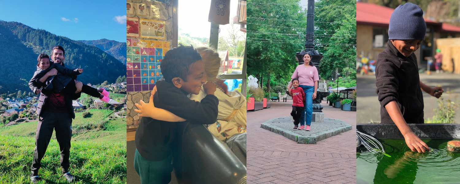 Photo collage of four photos of Aidhan, from the left, photo with Aidhan and his father in front of a mountain covered in green trees, photo of Aidhan and his friend hugging, photo of Aidhan and his mother standing in front of a poll, and photo of Aidhan playing with water