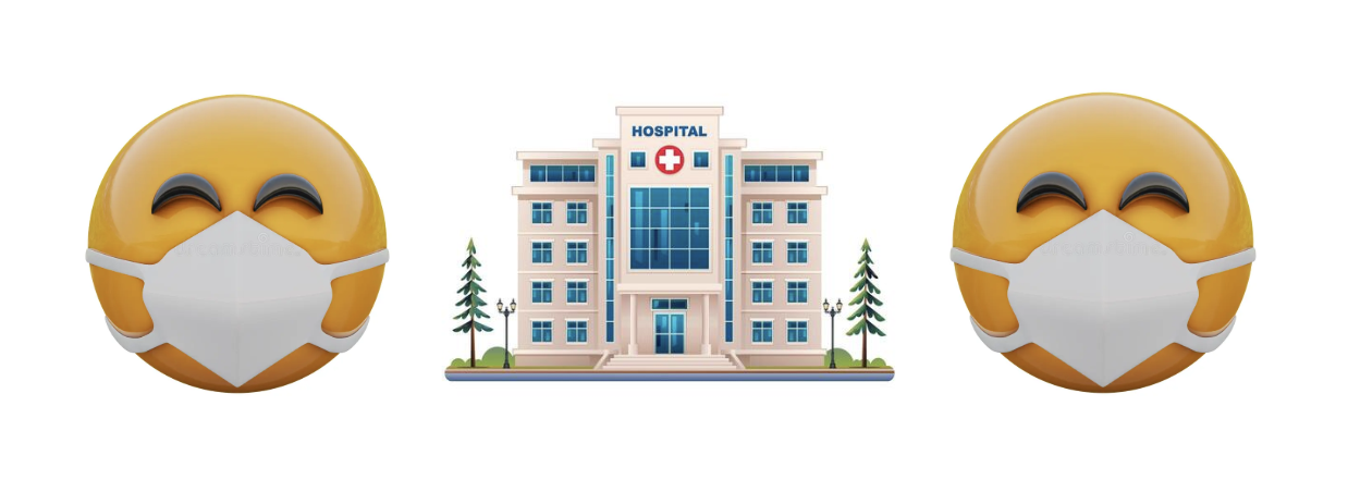 Two masked emojis surrounding a Hospital clipart.