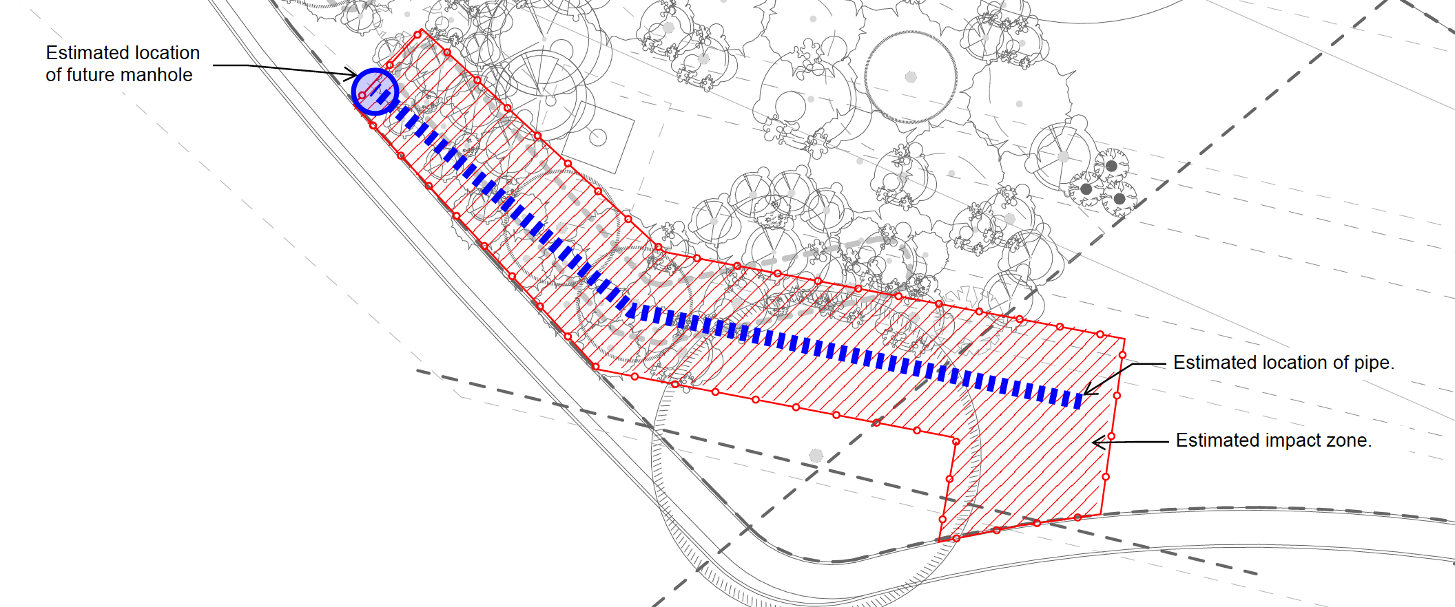 Image shows drawings on a map of the food forest, showing the impacted area of destruction for the pipeline easement