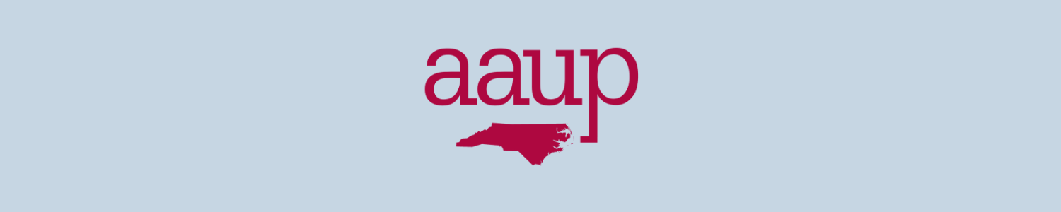 This image is the logo for AAUP NC over a blue background. The logo consists of the letters "AAUP" above an image of the state of North Carolina. The letters and state are dark red. 