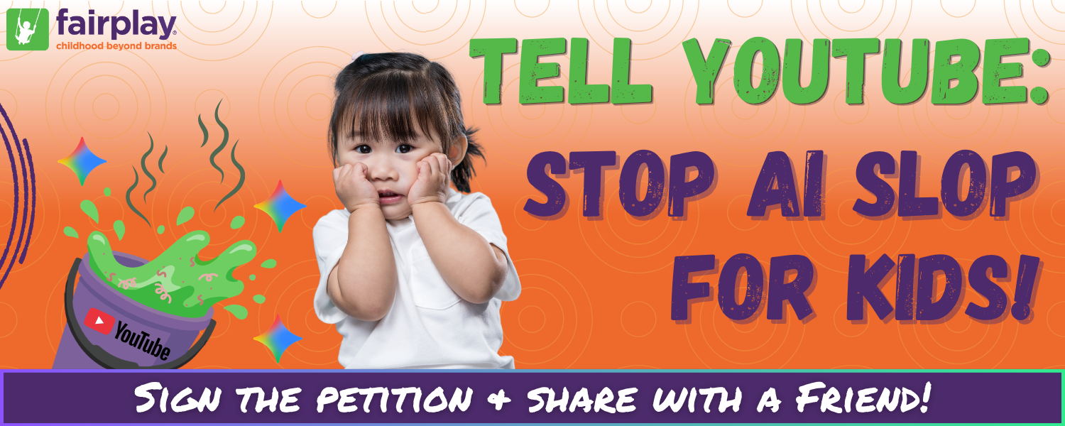Image with a scared preschooler that says "Tell YouTube: Stop AI Slop for Kids" in bold letters, then "SIGN THE PETITION AND SHARE WITH A FRIEND!"