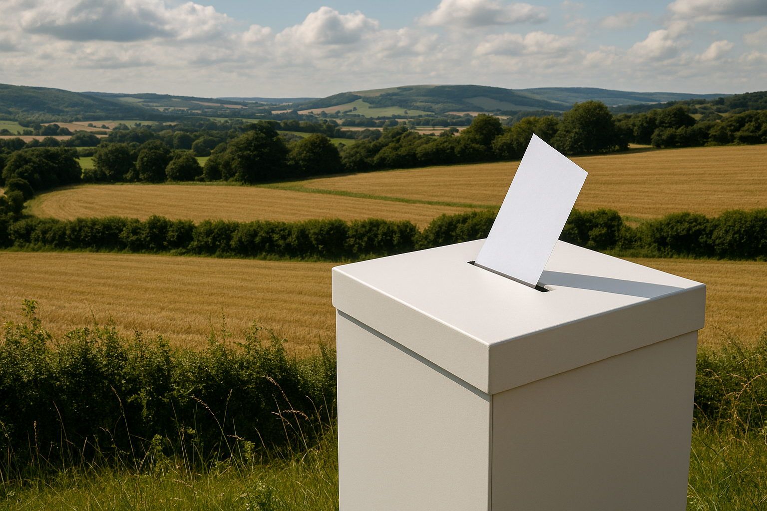 A ballot box in front of a countryside scene