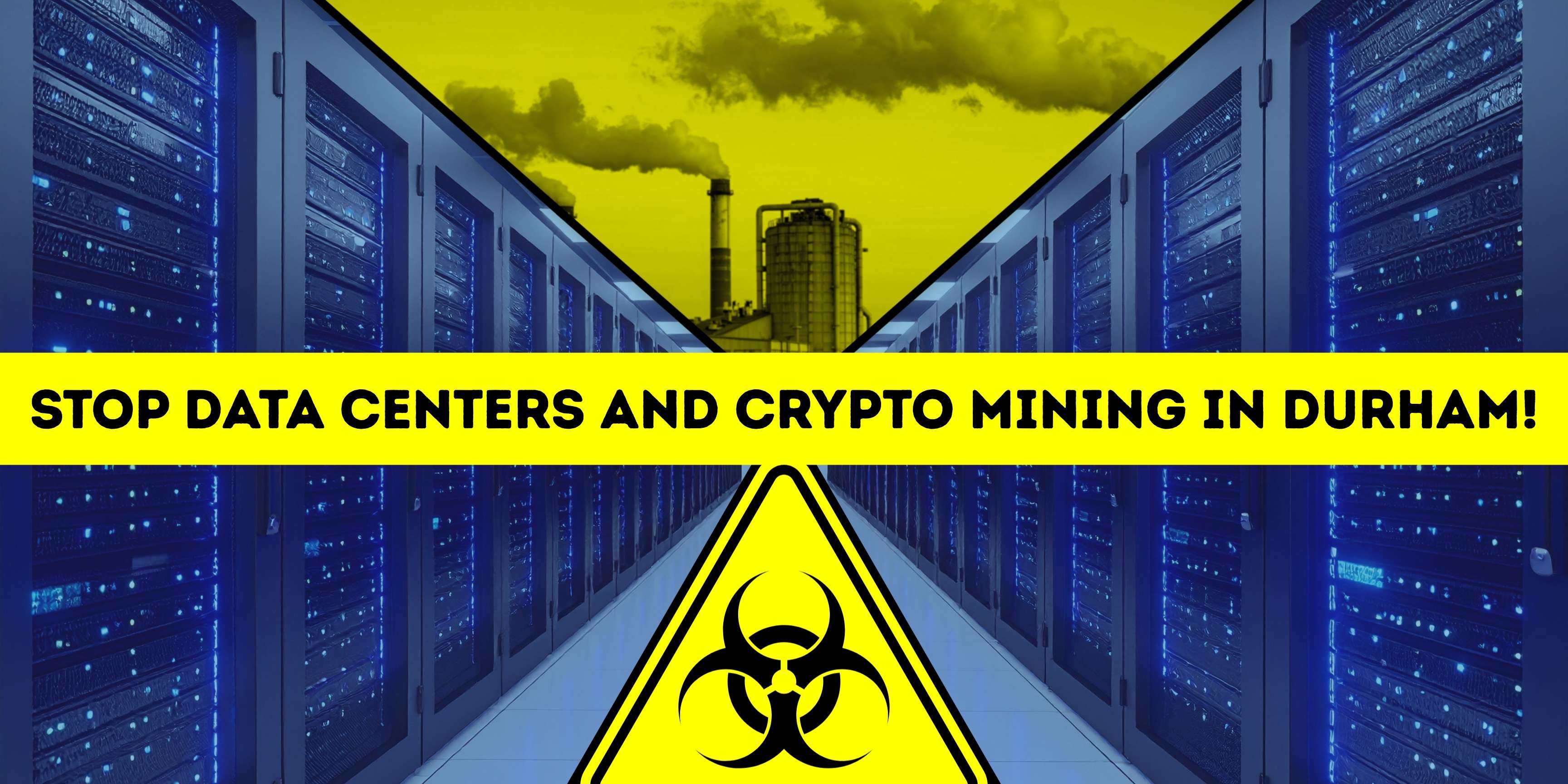 Picture of the inside of a data center with a biohazard symbol and burning fossil fuels