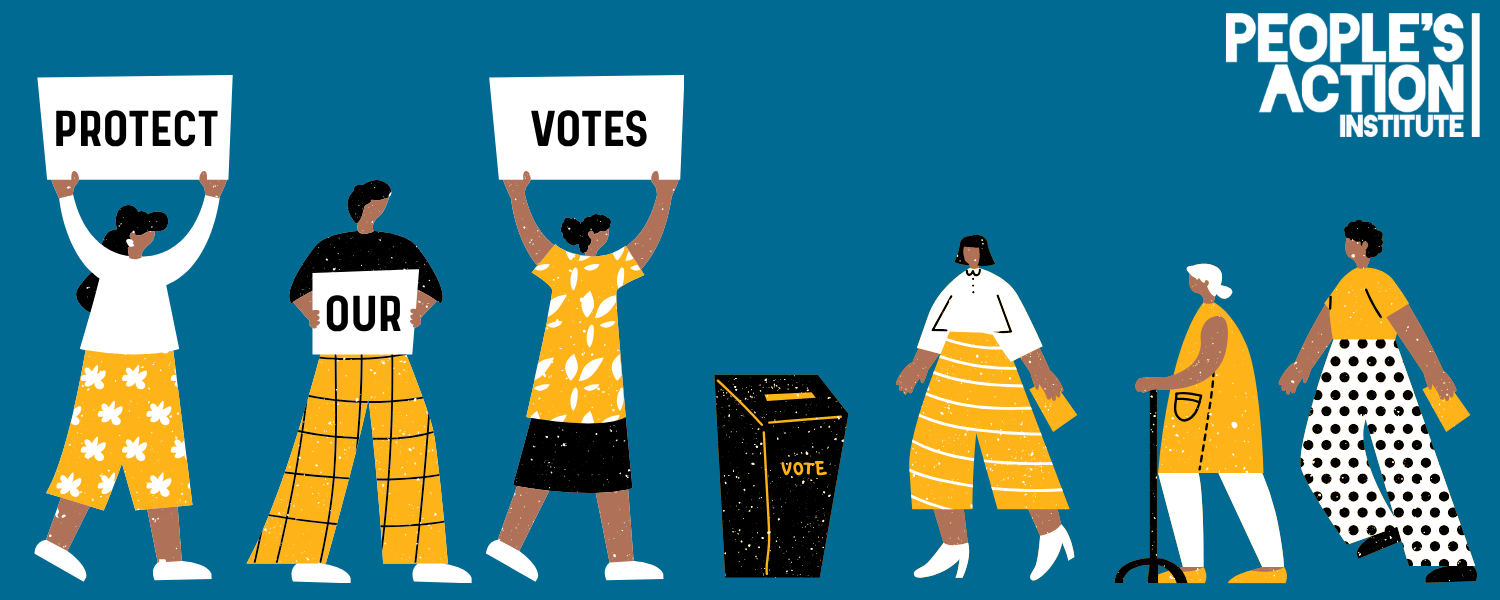 A group of people are heading to a ballot box. Three of them hold signs saying, "Protect" "Our" "Votes"