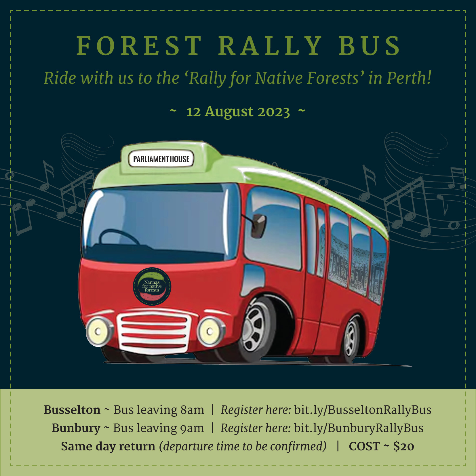 Departing Busselton Bus Trip to Rally for Native Forests Action Network