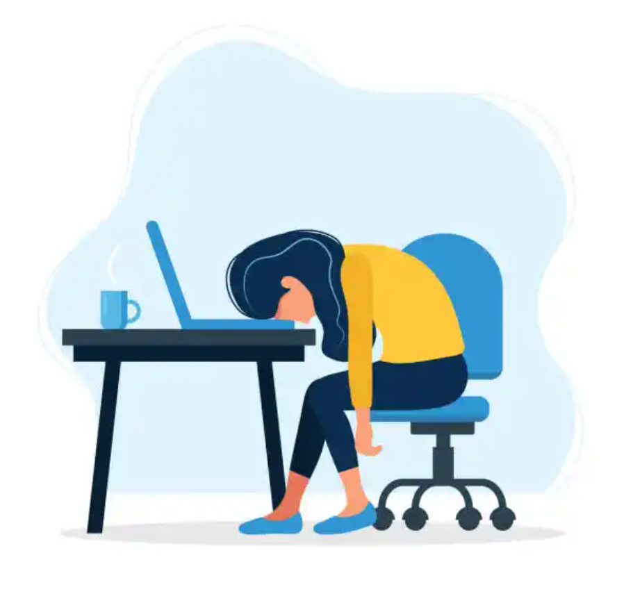 Exhausted person at work with her head down on the laptop and a copy of coffee