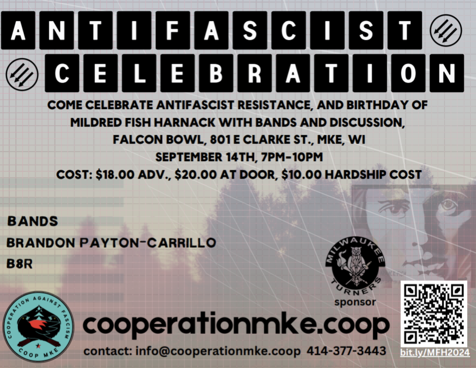 Background image of woman's face superimposed over tree line. Cooperationmke.coop; contact: info@cooperationmke.coop; 414-377-3443. Sponsor: Milwaukee Turners