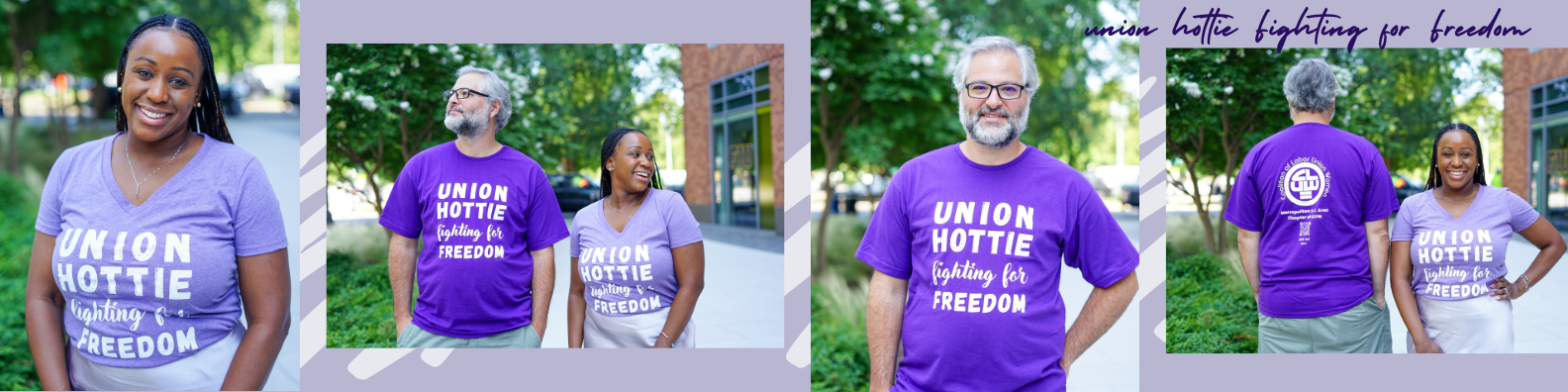 Two union activists modeling the Union Hottie Fighting for Freedom t-shifts