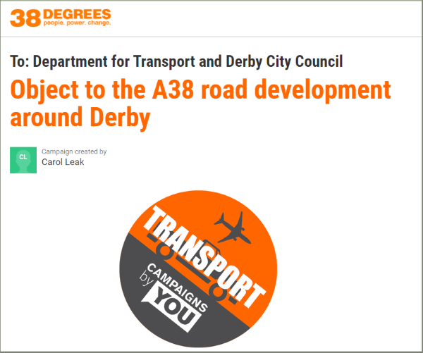 Sceenshot of Petition against A38 Road Development around Derby