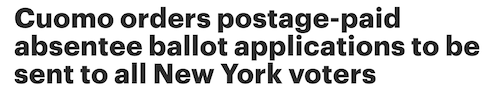 Cuomo orders postage-paid absentee ballot applications to be sent to all New York voters