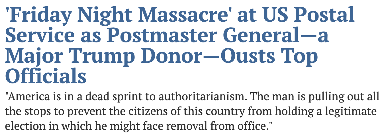 Headline: Friday night massacre at US Postal Service"