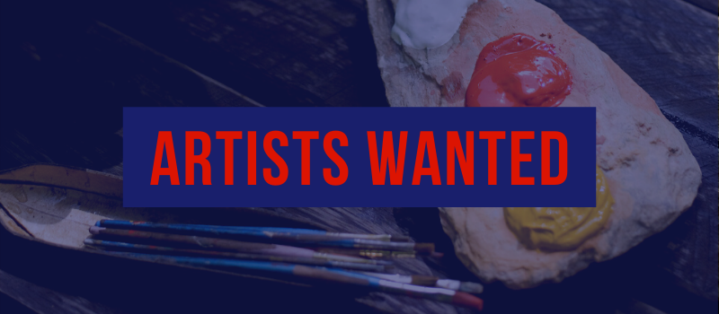 Graphic; text over photo "artist wanted"