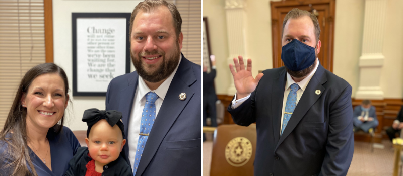 two photos: 1 - Rep bucy, molly, and bradley; 2 - Rep Bucy being sworn in on the house floor