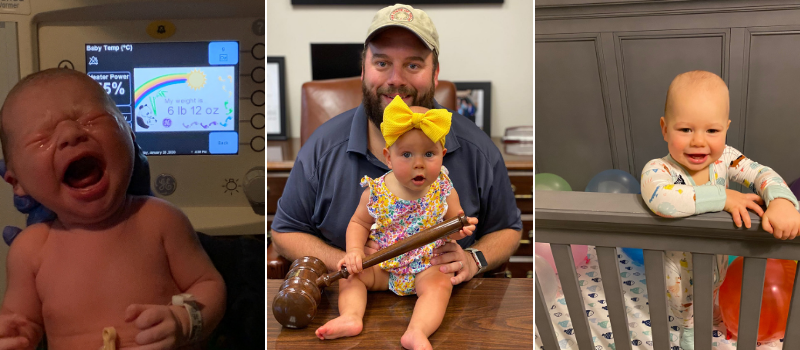 Photo collage of Bradley at birth, Rep. Bucy and Bradley holding a gavel, and Bradley with ballons