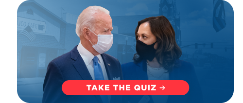 Image of President Biden and Vice President Harris wearing masks. Take the quiz.