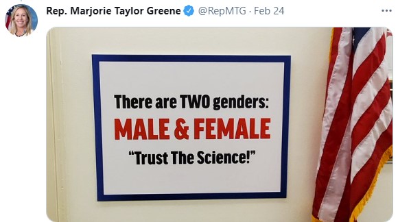 Screenshot of @RepMTG's tweet proudly displaying an ignorant, anti-trans sign.