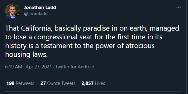 A Tweet, sayiny "That California, basically paradise in on earth, managed to lose a congressional seat for the first time in its history is a testament to the power of atrocious housing laws."