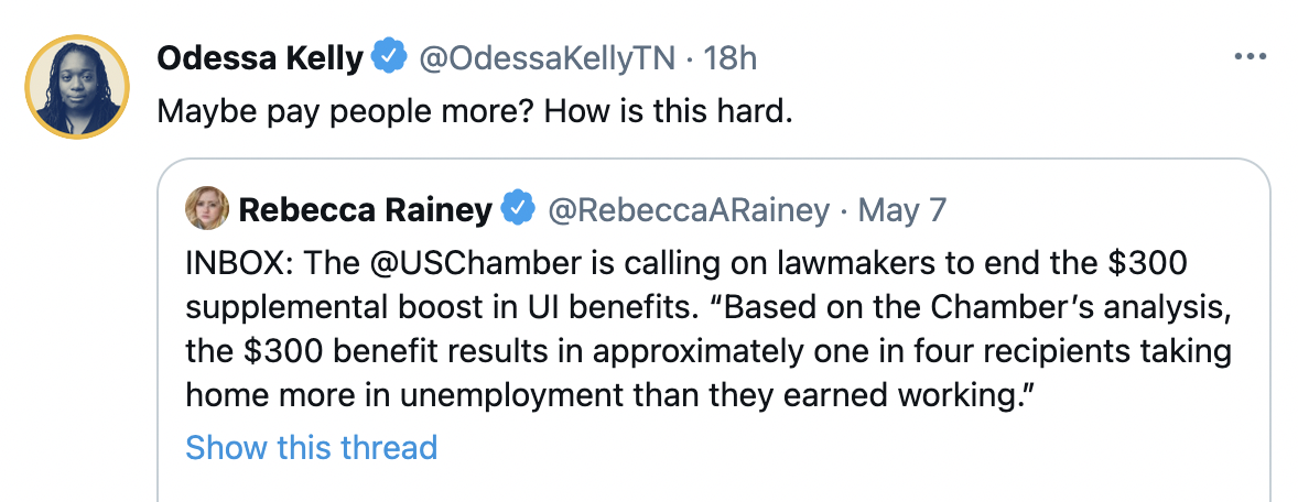 Screenshot of Odessa's tweet: Maybe pay people more? How is this hard?