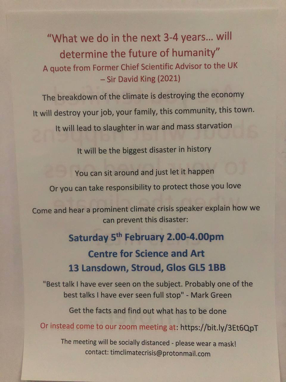 Poster for just stop oil meeting Saturday 5th February 2pm to 4pm 13  Lansdown Stroud GL5 41BB