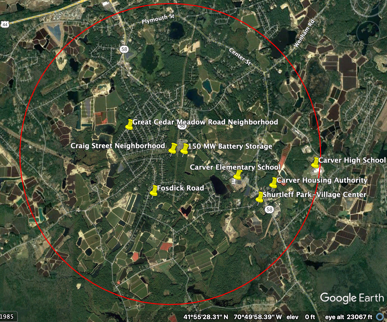 Carver neighborhoods within a 1 mile radius of the proposed Cranberry Point Energy Storage facility 