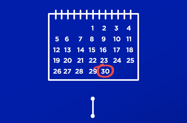 A calendar with June 30 circled