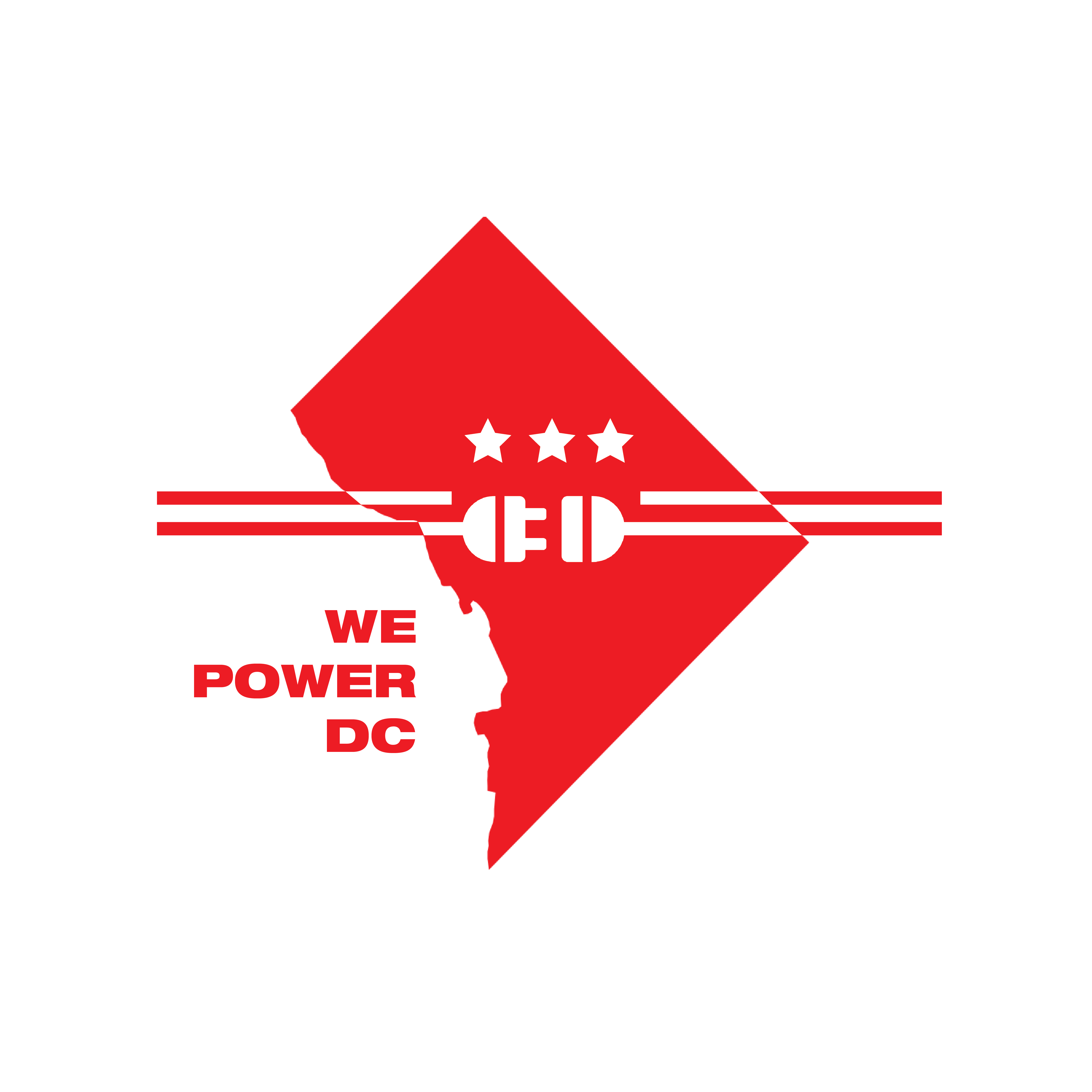 We Power DC with red District of Columbia and a power socket in white over it