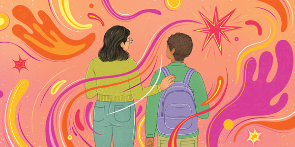 Graphic picture of an adult and a young person looking into a fanciful swirl of stars and lines