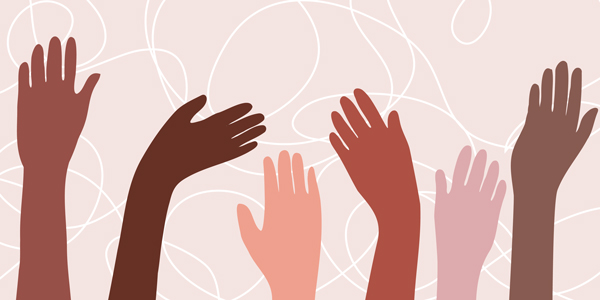 Illustration of different colored hands waving