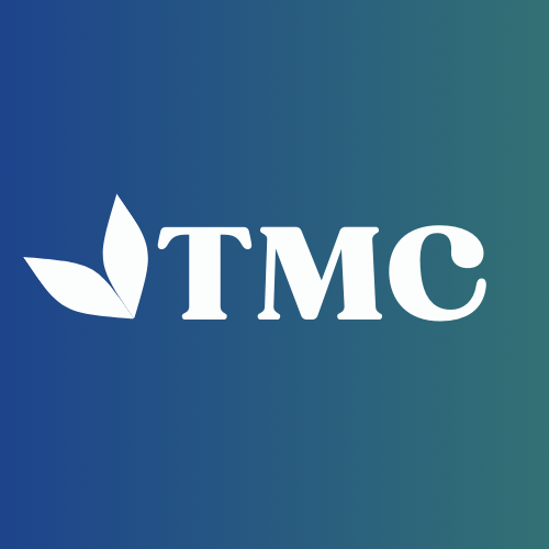 TMC in white text with a stylized white arrow icon to the tet left on a blue and teal gradient background