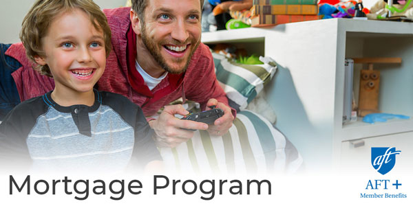 father and son smiling and playing a video game with the words, "Mortgage program"
