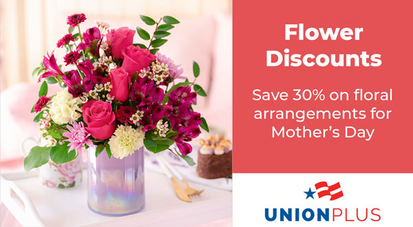 A vase of flowers with the words "Flower discounts"