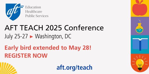 Small graphics of an apple, test tube and lightbulb with the words "AFT Teach 2025 Conference"