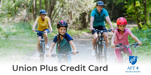 Family of four biking together with words "Union Plus Credit Card"
