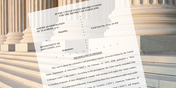 Court document superimposed over a photo of court steps