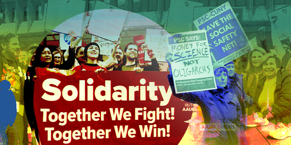 Stylized photo collage of protests including a sign that reads, "solidarity"