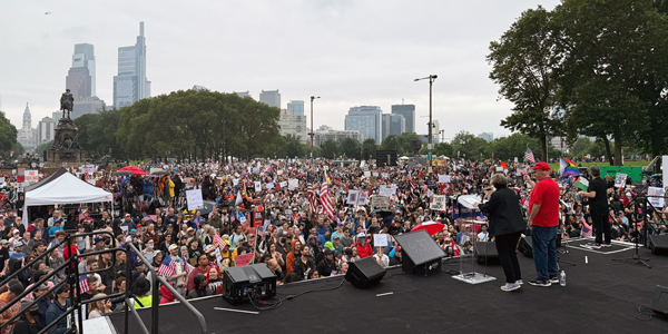 huge crowd in front of stage where Randi Weingarten is speaking in Philadelphia