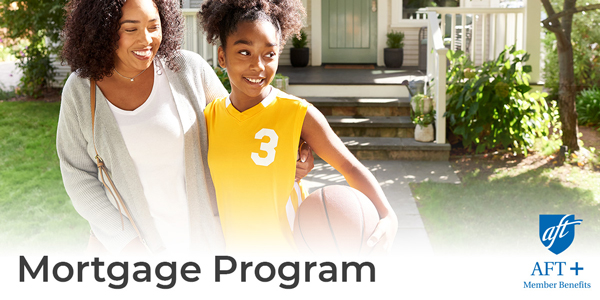Mother and daughter, who is holding a basketball, outside a home