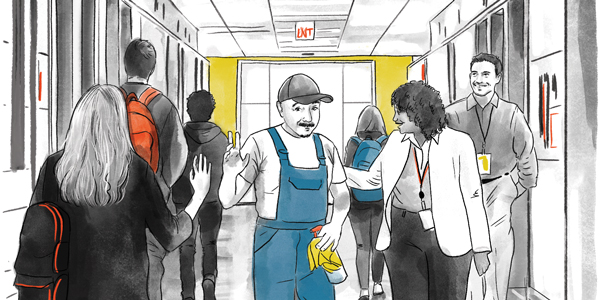 Drawing of a custodian greeting students in a hallway