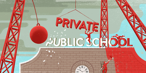 drawing of a wrecking ball crushing a public school sign, with "private" descending to replace it