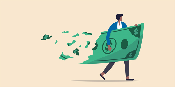Drawing of a person with a giant dollar bill under their arm, but the bill is shredding as the person walks