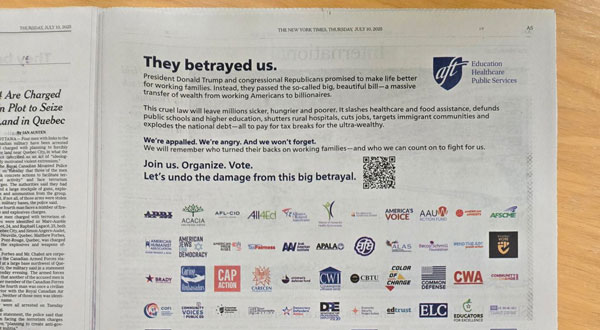 Picture of an ad in the New York Times that says "They betrayed us."