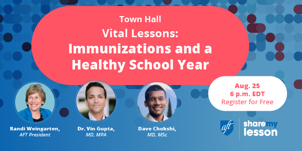 Headshots of three speakers and the words "Vital lessons: Immunizations and a healthy school year"